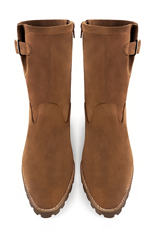 Caramel brown women's ankle boots with buckles on the sides. Round toe. Low rubber soles. Top view - Florence KOOIJMAN